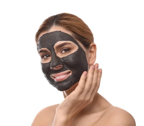 Beautiful woman with black mask on face against white background — Stock Photo, Image