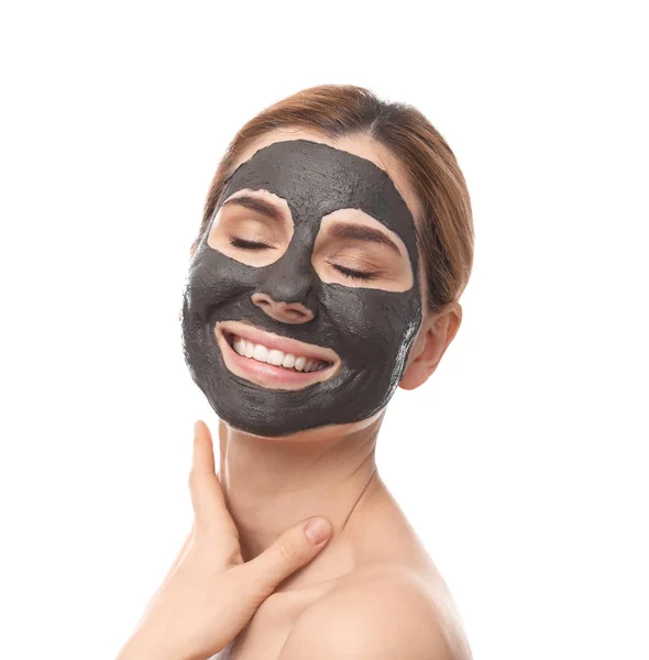 Beautiful woman with black mask on face against white background — Stock Photo, Image