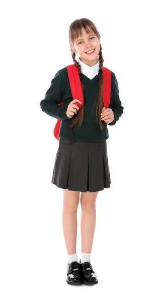 Retrato de longitud completa de linda chica en uniforme escolar con mochila sobre fondo blanco —  Fotos de Stock