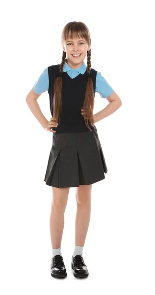Retrato de longitud completa de linda chica en uniforme escolar sobre fondo blanco —  Fotos de Stock