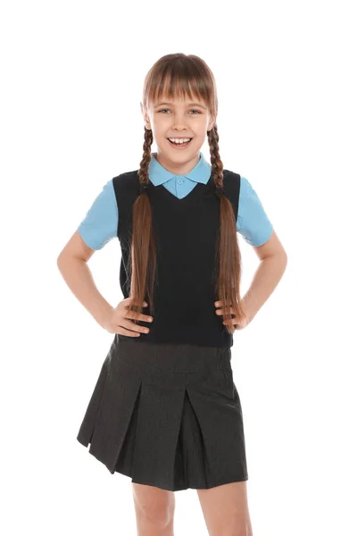 Retrato de linda chica en uniforme escolar sobre fondo blanco —  Fotos de Stock