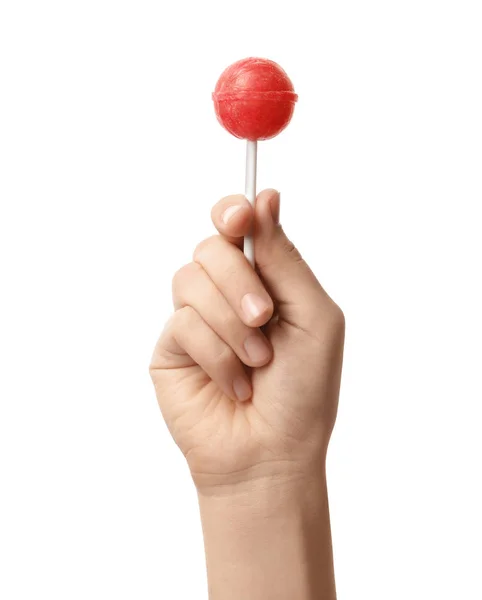 Woman holding coral lollipop against white background, closeup — 스톡 사진