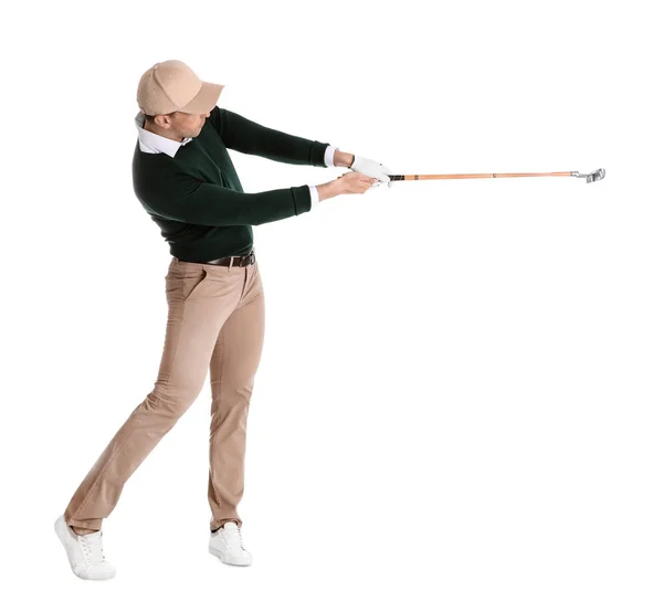 Ung man spelar golf på vit bakgrund — Stockfoto