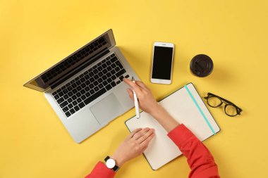 Renk tablosunda modern laptopla çalışan kadın, üst görünüm