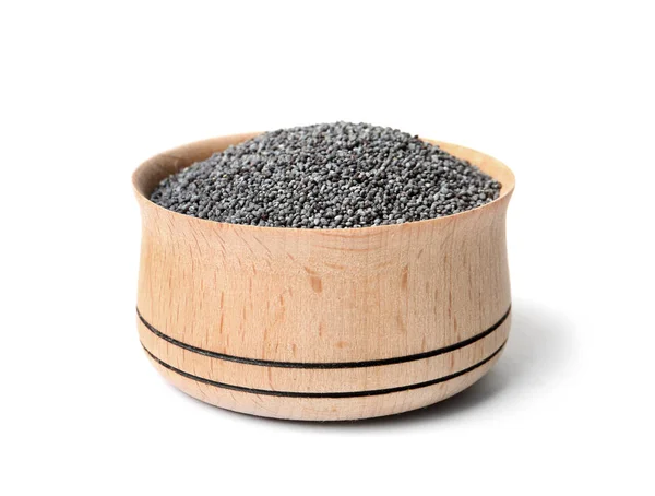 Сырые семена мака в деревянной чаше на белом фоне — стоковое фото