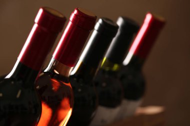 Farklı şaraplardan şişeler, yakın plan. Pahalı koleksiyon.