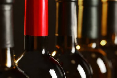 Farklı şaraplardan şişeler, yakın plan. Pahalı koleksiyon.