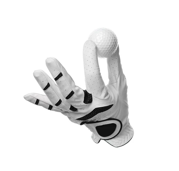 Handschuh und Golfball auf weißem Hintergrund — Stockfoto