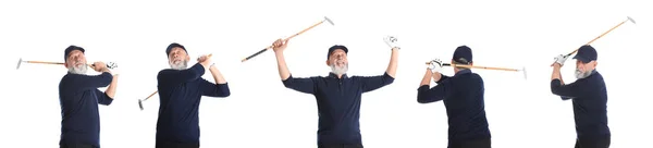 Kolaż starszego mężczyzny grających w golfa na białym tle — Zdjęcie stockowe