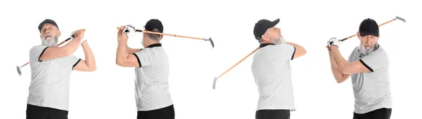 Collage of senior man playing golf on white background — Stock Photo, Image