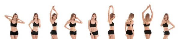 Koláž mladé ženy s sexy štíhlým tělem na bílém pozadí — Stock fotografie