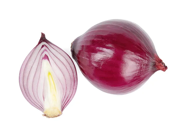 Fresh whole and cut red onions on white background, top view — Stock Photo, Image