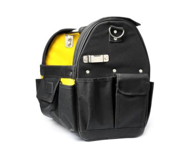 Beyaz üzerine izole inşaat araçları için boş çanta