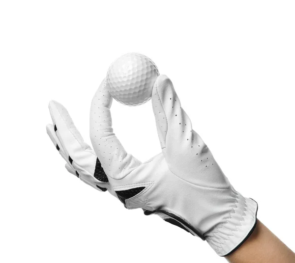 Jogador segurando bola de golfe no fundo branco, close-up — Fotografia de Stock