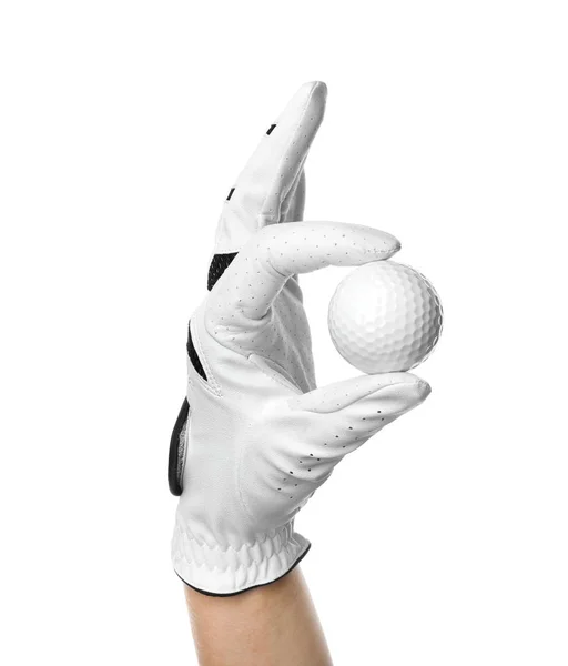 Speler Holding golfbal op witte achtergrond, close-up — Stockfoto