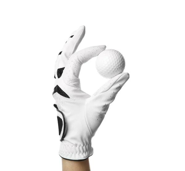 Oyuncu beyaz arka plan üzerinde golf topu tutan, closeup — Stok fotoğraf