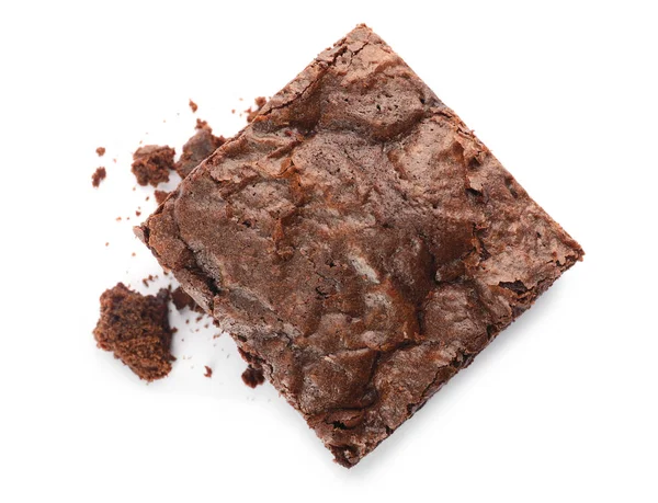 Trozo de brownie fresco sobre fondo blanco, vista superior. Delicioso pastel de chocolate — Foto de Stock