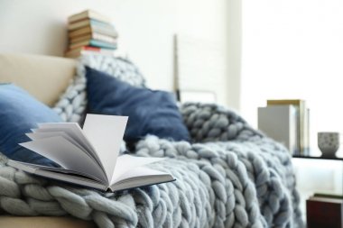 Oturma odasında kanepe açık kitap. Metin için alan