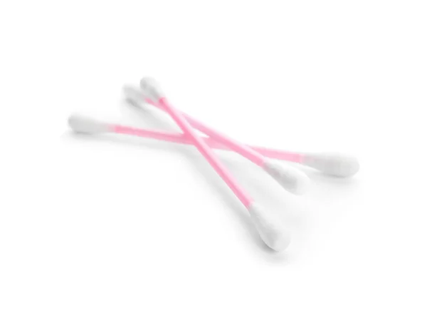 白い背景にピンクのプラスチック綿の綿棒 — ストック写真