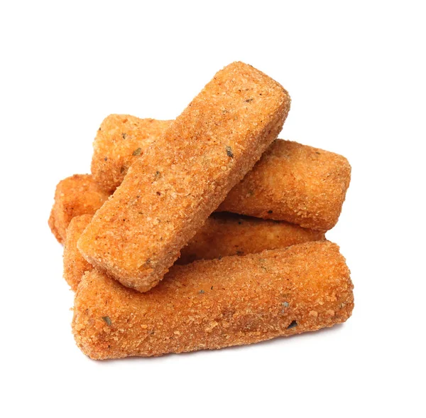 Pile of tasty cheese sticks isolated on white — Stock Photo, Image