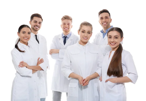 Grupo de médicos isolados em branco. Conceito de unidade — Fotografia de Stock