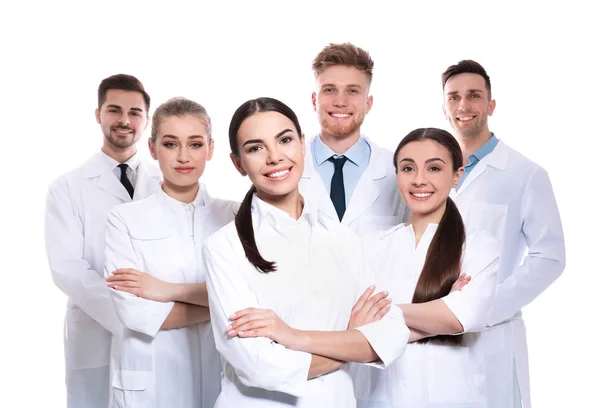 Grupo de médicos isolados em branco. Conceito de unidade — Fotografia de Stock