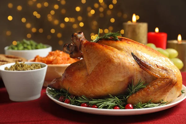 Delicious roasted turkey served on festive table