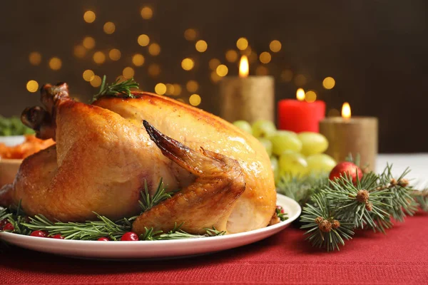 Delicious roasted turkey served on festive table