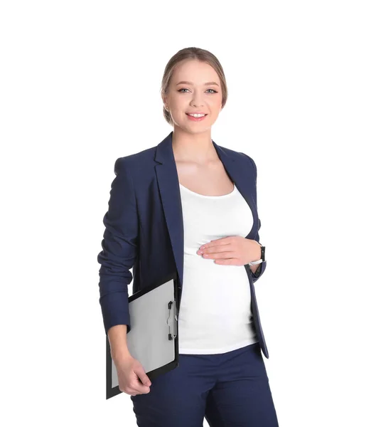 Young pregnant woman in suit with clipboard on white background. Working while expecting baby — Stock Photo, Image