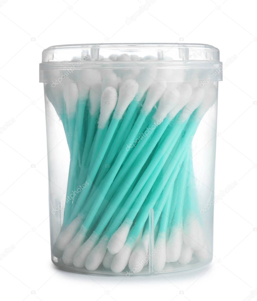 Plastic container with cotton swabs on white background