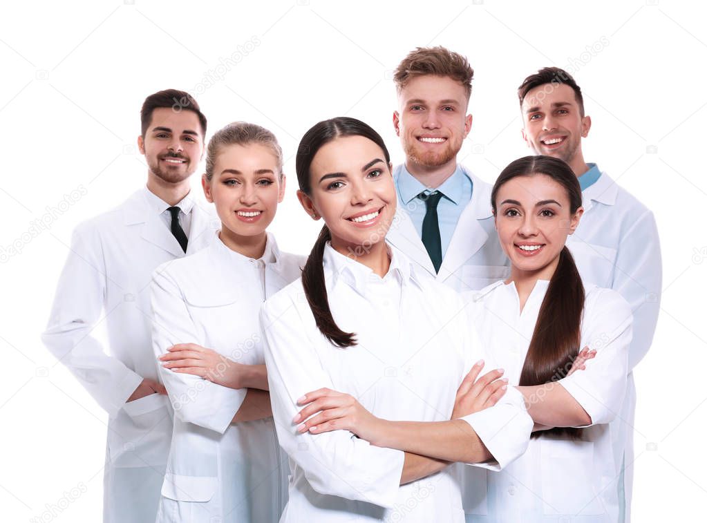 Group of medical doctors isolated on white. Unity concept