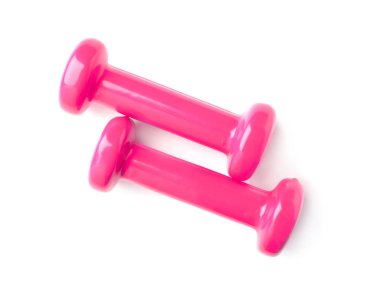 Beyaz arka planda renk dambıl. Ev fitness, üst görünüm