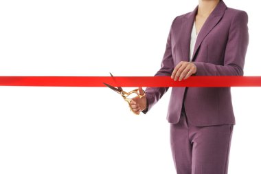 Kadın ofis takım elbise kesme kırmızı şerit üzerinde izole beyaz, kapatmak