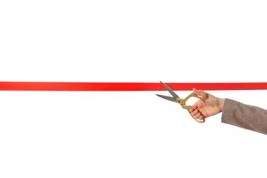 Kadın ofis takım elbise kesme kırmızı şerit üzerinde izole beyaz, kapatmak