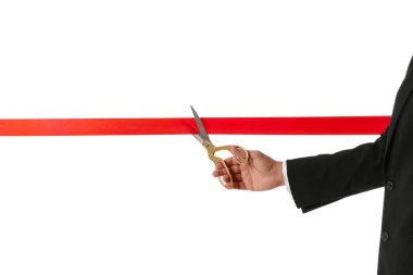Adam ofis takım elbise kesme kırmızı şerit üzerinde izole beyaz, kapatmak