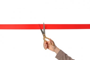 Kadın ofis takım elbise kesme kırmızı şerit üzerinde izole beyaz, kapatmak