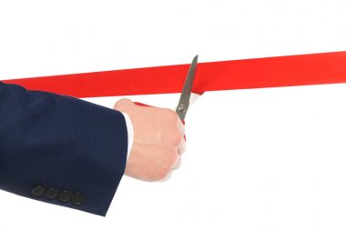 Adam ofis takım elbise kesme kırmızı şerit üzerinde izole beyaz, kapatmak