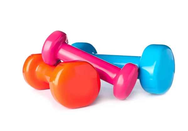 Color dumbbells on white background. Home fitness — Stock Photo, Image