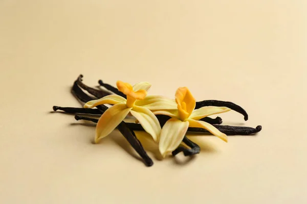 Vanilla sticks and flowers on color background. Space for text — Stock Photo, Image