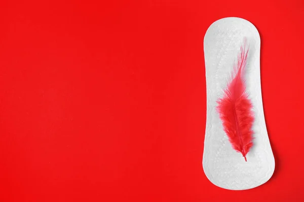 Menstrual pad and red feather on color background, top view with space for text. Gynecological care — Stock Photo, Image