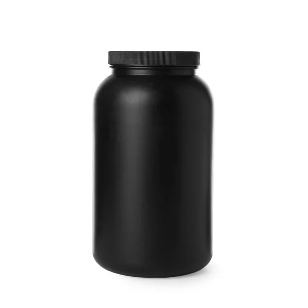 Black jar with protein powder on white background — Stock Photo, Image