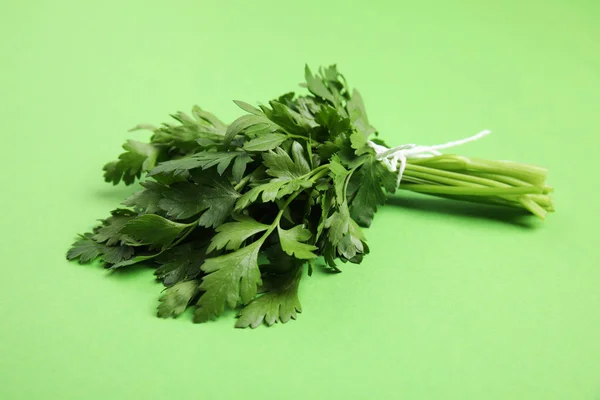 Bunch of fresh green parsley on color background