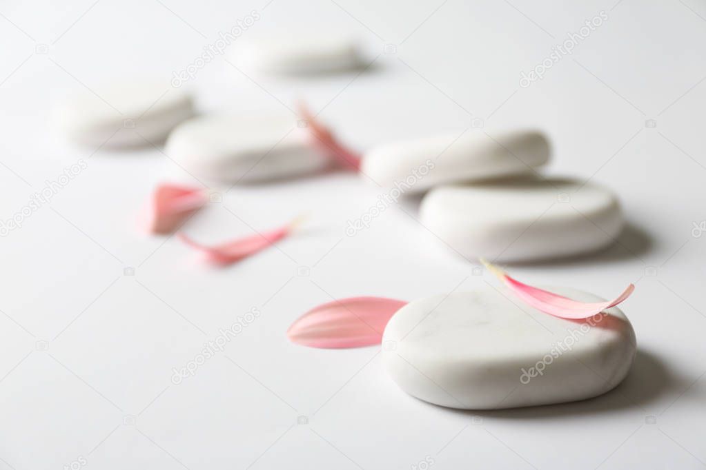 Spa stones and flower petals on white background. Space for text