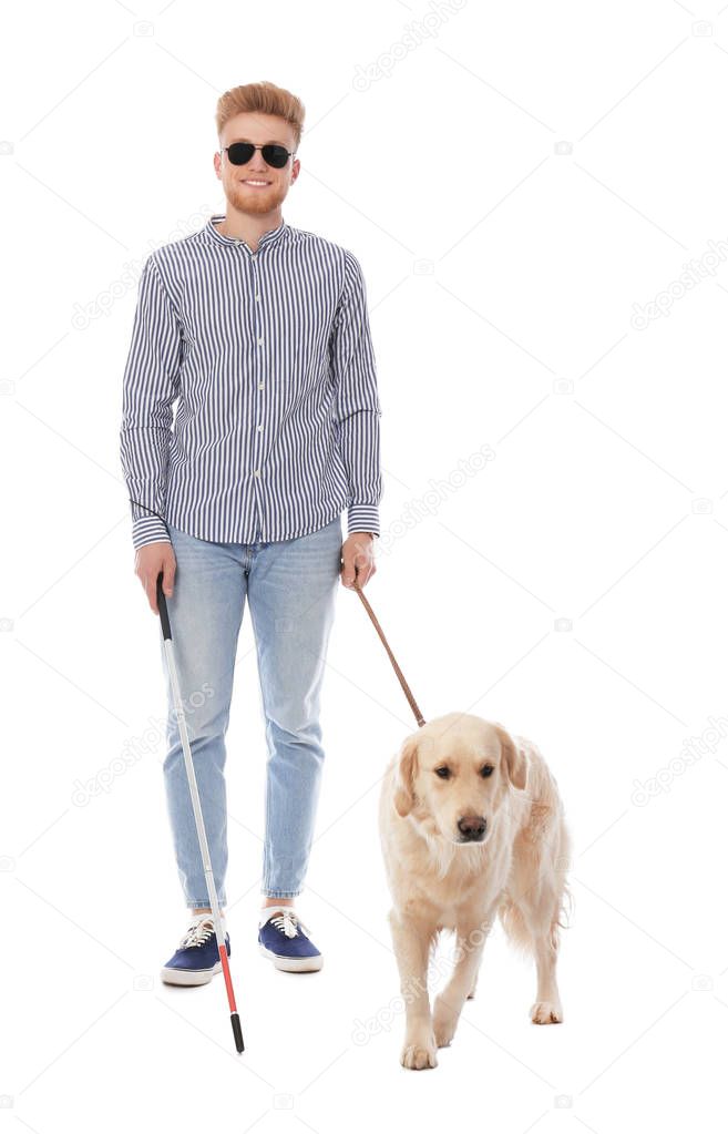 Blind person with long cane and guide dog on white background