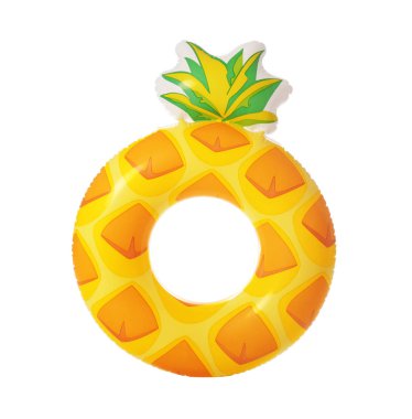 Beyaz arka plan üzerinde ananas şeklinde parlak şişme halka. Yaz tatilleri