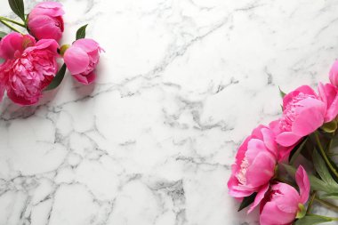 Mermer arka planda kokulu şakayık, düz metin için boşluk ile yatıyordu. Güzel bahar çiçekleri