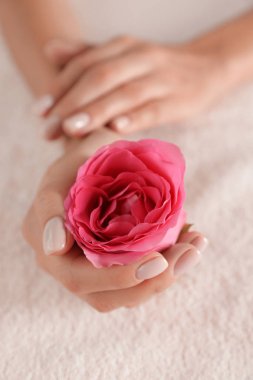 Yumuşak elli ve çiçekli bir kadın, yakın plan. Spa tedavisi