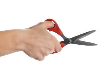 Beyaz, closeup izole dikiş makası çifti tutan adam
