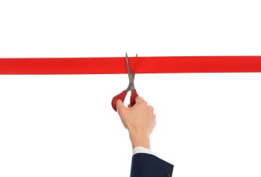 Adam ofis takım elbise kesme kırmızı şerit üzerinde izole beyaz, kapatmak
