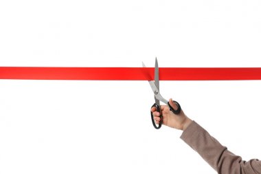 Kadın ofis takım elbise kesme kırmızı şerit üzerinde izole beyaz, kapatmak